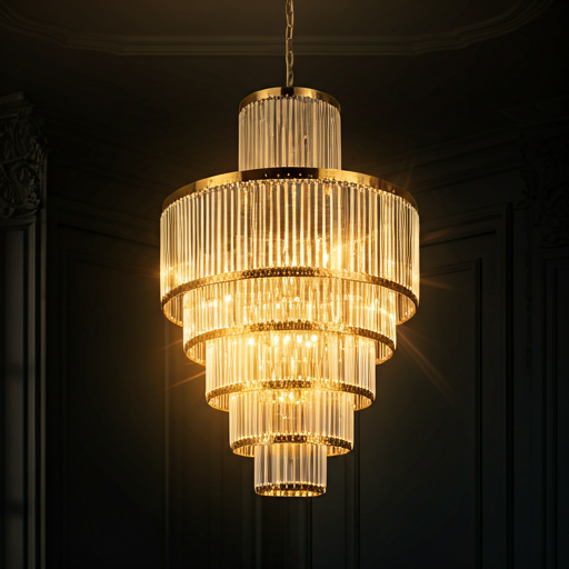 Luxurious multi-tiered crystal chandelier with warm soft glow